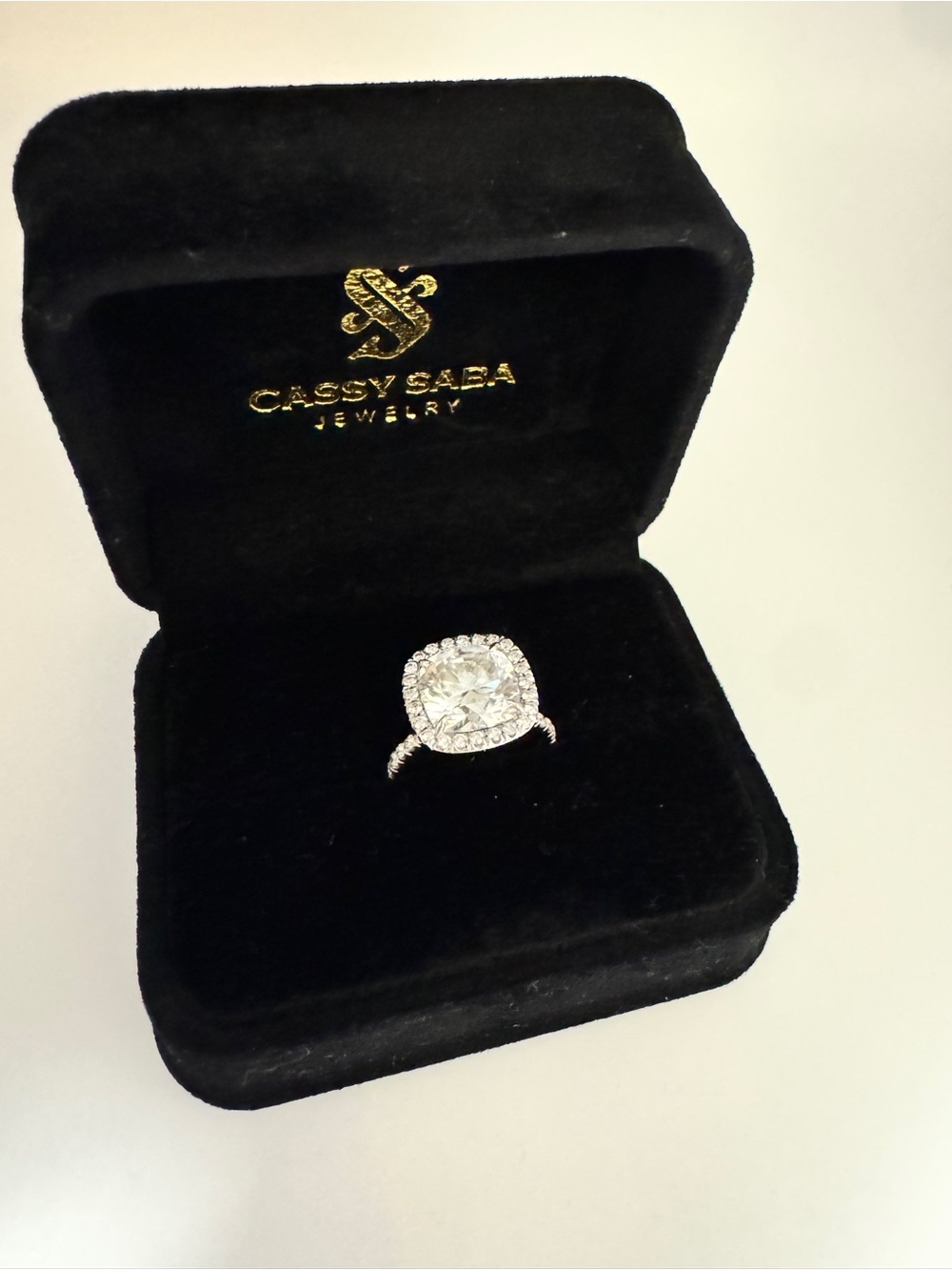 Cassy Saba Silver Cushion Halo Engagement Ring with Moissanite